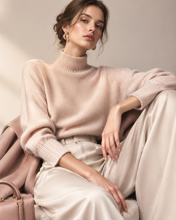 Rose-gold and cream women's fashion editorial, answer card on screen, editorial