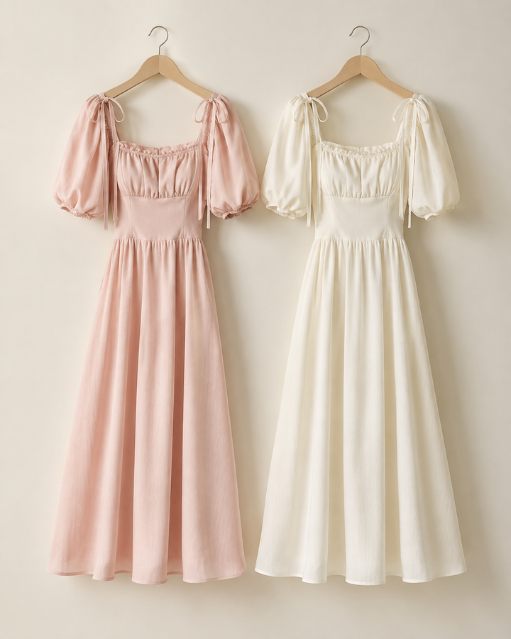 Two near-identical women's dresses side by side on hangers, blush and cream