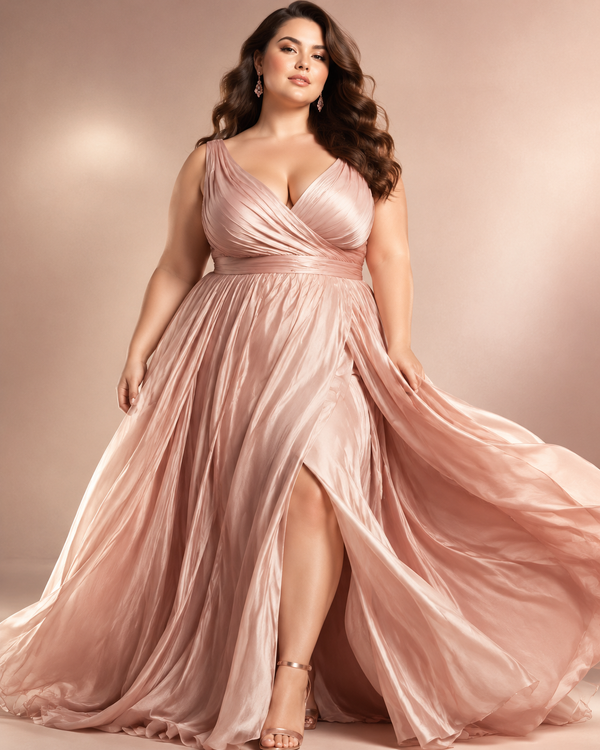 Rose-gold and blush editorial of a confident plus-size model in a flowing dress