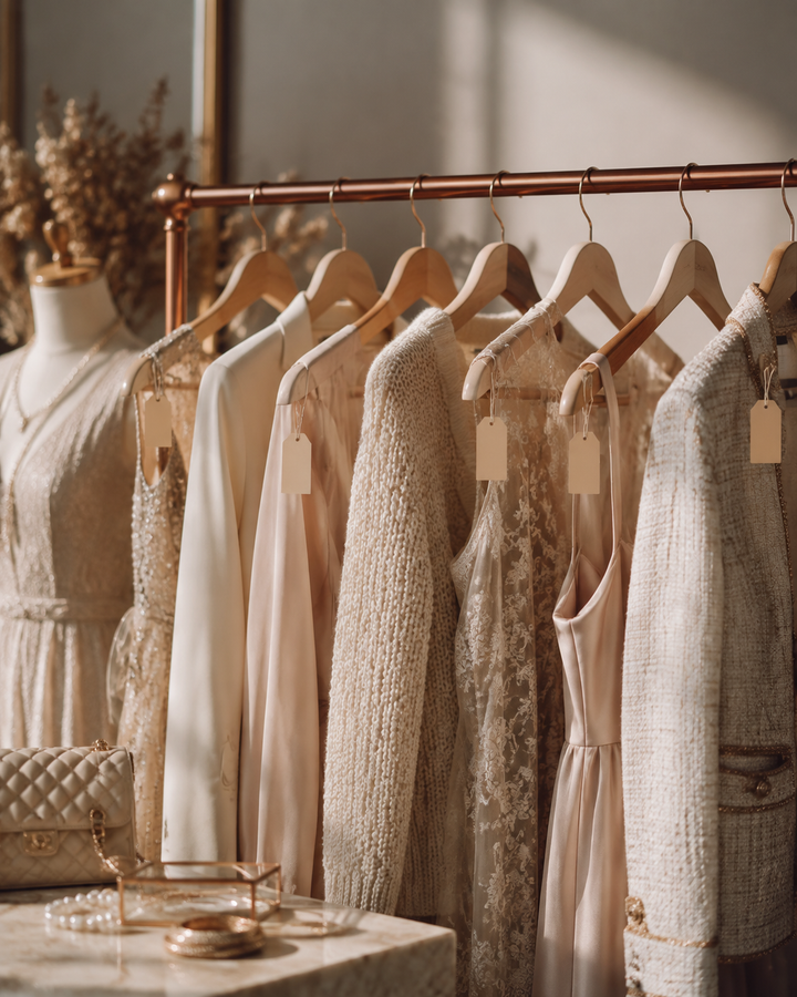 Curated rail of pre-loved womenswear in cream and champagne tones with paper price tags on wooden hangers