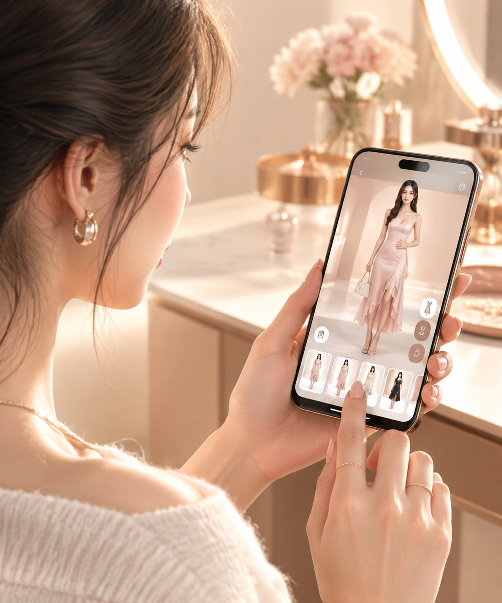 Woman viewing a phone showing a virtual try-on fashion preview with soft glow, rose-gold tones