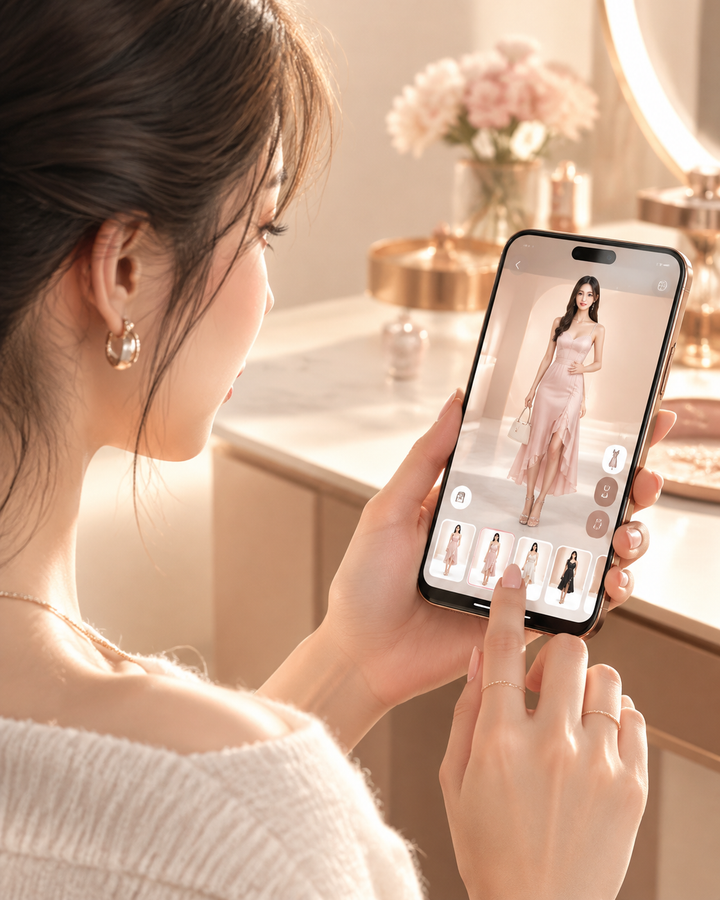 Woman viewing a phone showing a virtual try-on fashion preview with soft glow, rose-gold tones