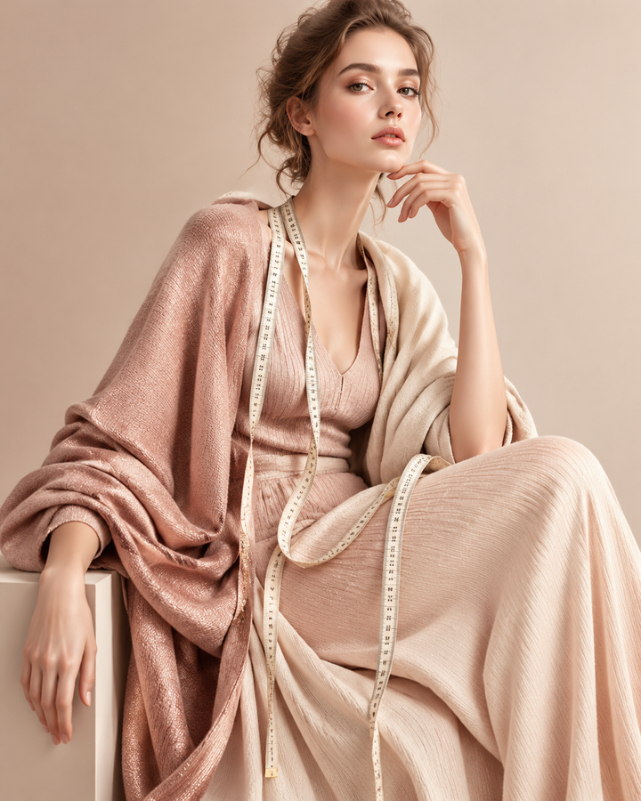 Rose-gold draped knitwear with a measuring tape, editorial fashion still life on cream background