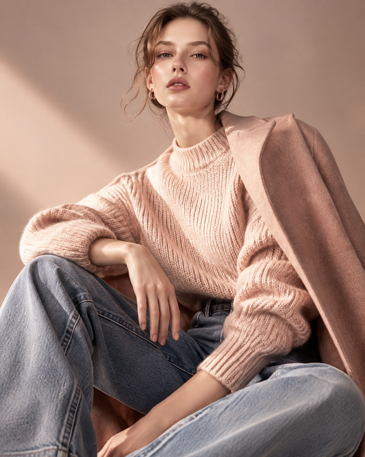 Rose-gold editorial of affordable women's knitwear and denim styled for Walmart's elevated fashion push