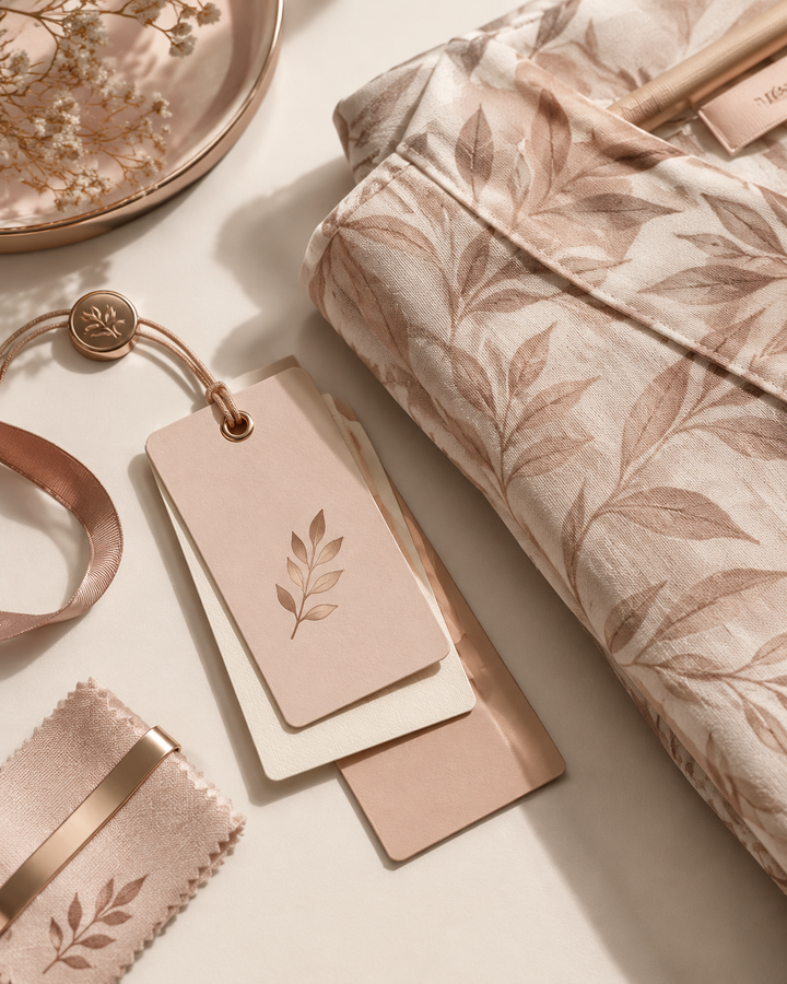Flat-lay of fashion care tags and a folded garment with a leaf motif in rose gold and cream