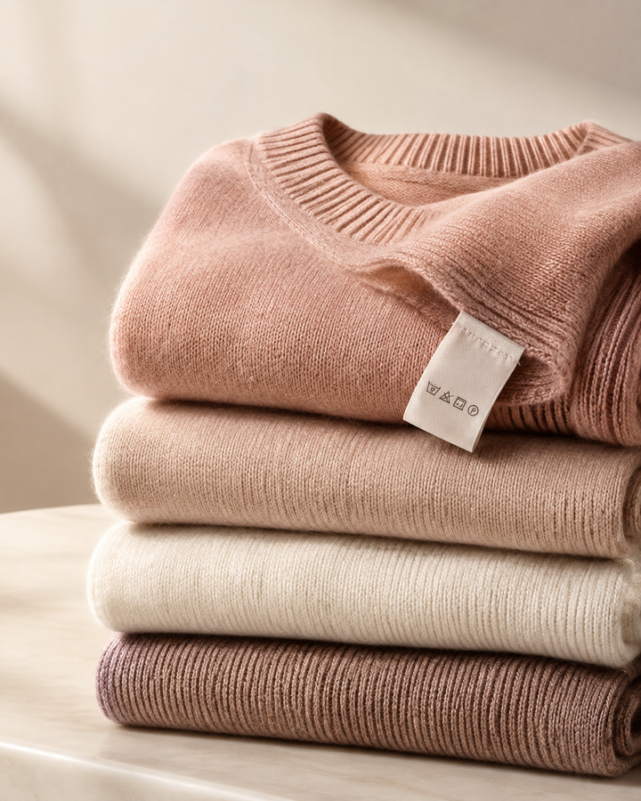 Folded knitwear with fabric care label in rose-gold tones