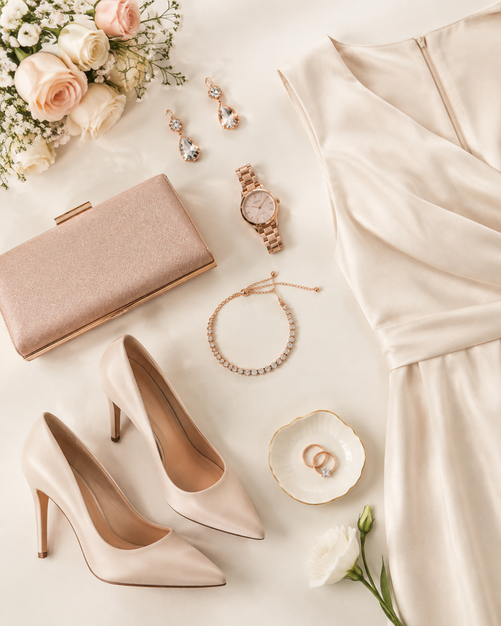Wedding-guest and work-event styling flat-lay with rose-gold accessories, cream tones