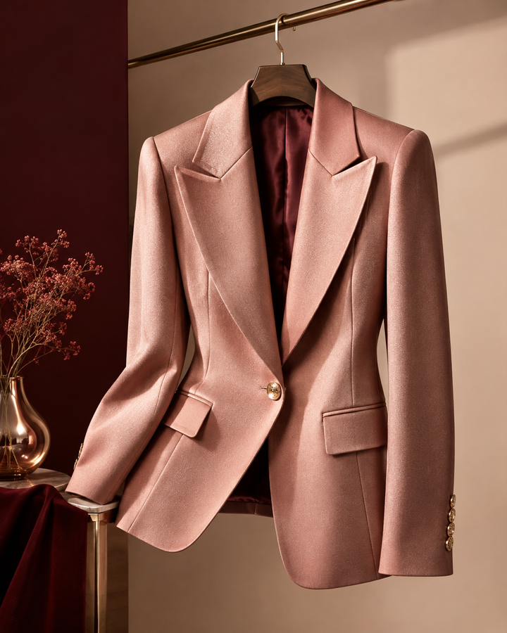 Rose-gold and burgundy editorial of a structured blazer on a hanger, Nordstrom premium pivot