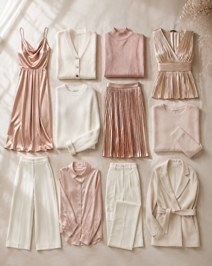 Curated 12-piece capsule wardrobe flat-lay in rose-gold cream blush palette, editorial still life