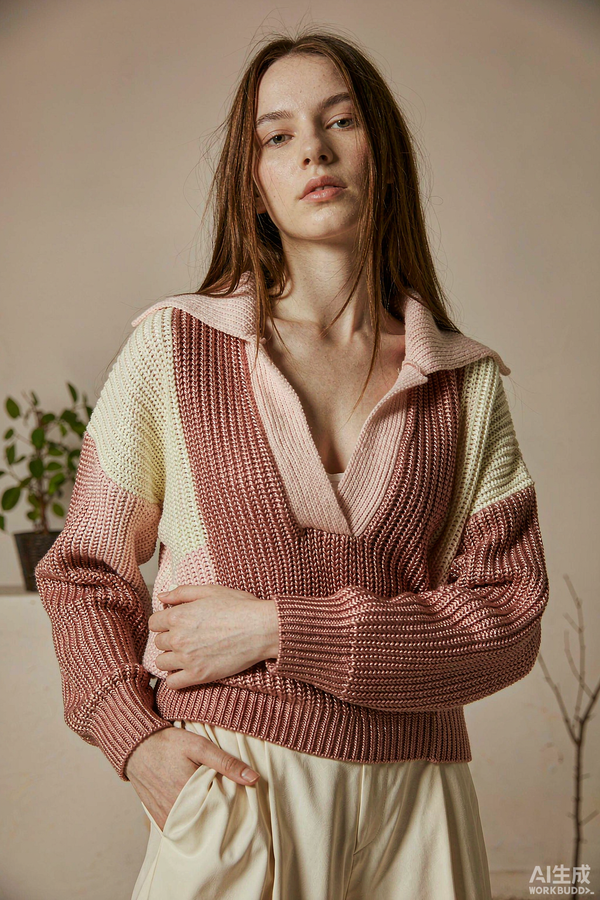 Editorial portrait of a woman in a soft knit sweater in rose-gold and cream tones, cozy autumn light