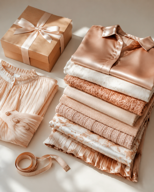 Editorial flat lay of rose-gold and cream women's clothing beside a kraft parcel box and measuring tape