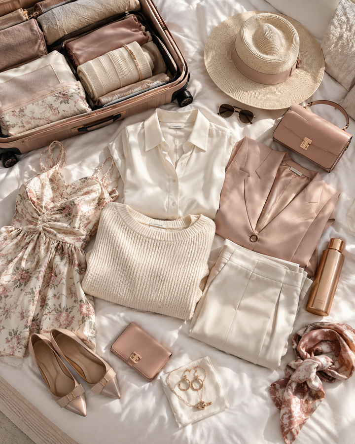 Rose-gold and cream editorial flat lay of a travel capsule wardrobe on a bed, holiday travel style