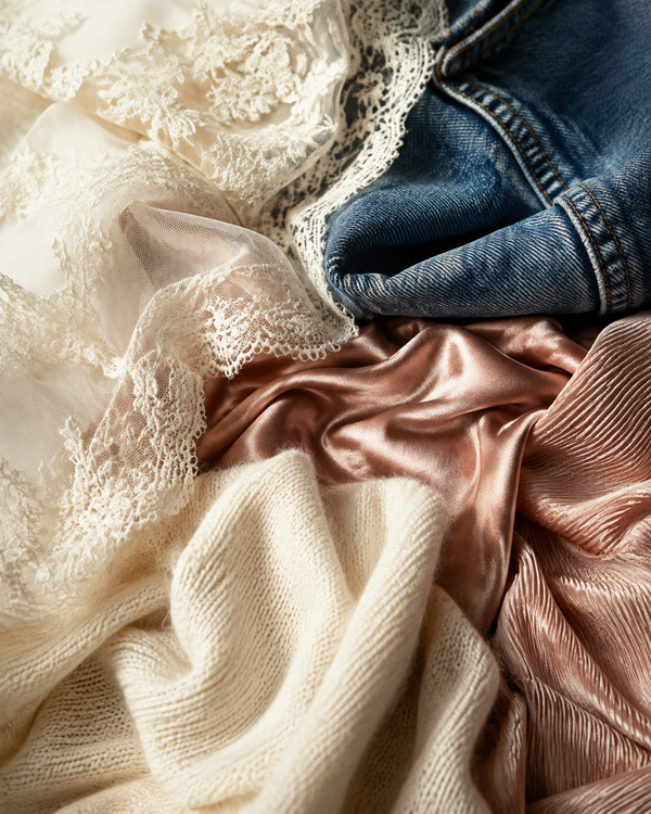 Close-up of ivory lace, raw unwashed denim and bio-based knit draped together in blush and cream tones