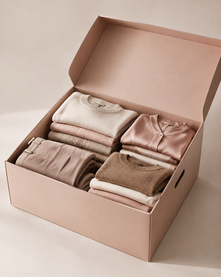 Clothing take-back box with folded garments in rose-gold tones