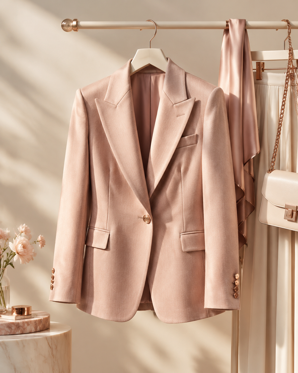 Single blazer restyled on a cream rail, rose-gold and blush womenswear editorial
