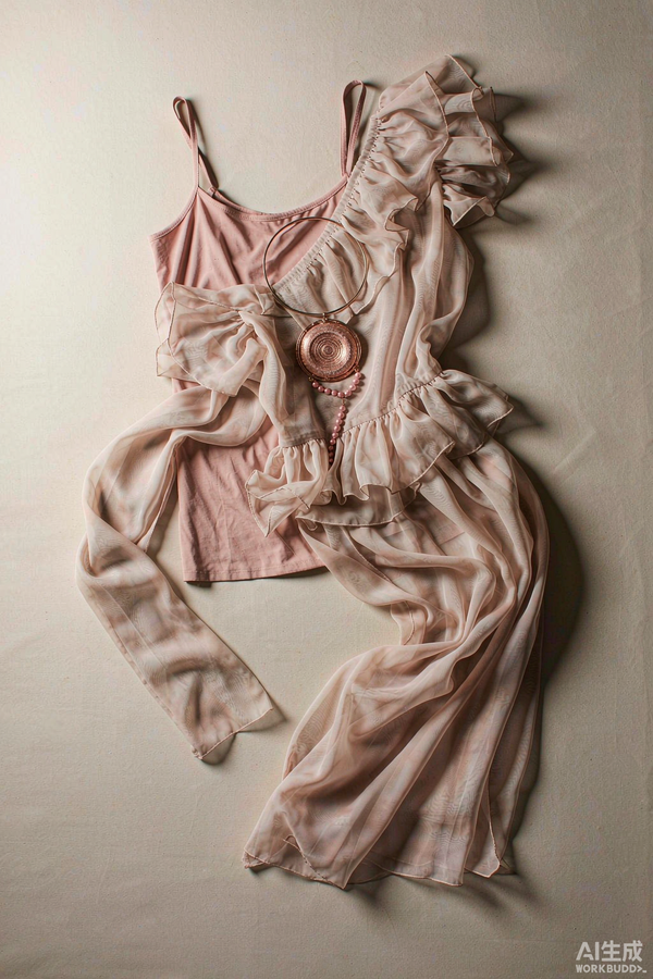 Women's knit top flat lay in rose-gold and blush cream tones, editorial fashion still life