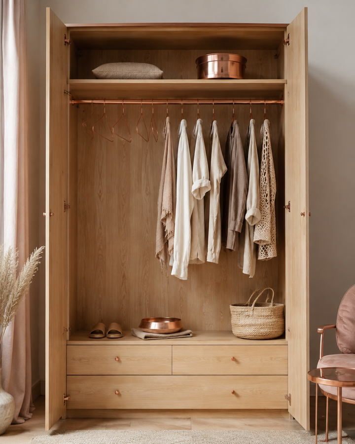 Open wooden wardrobe with mostly empty hangers and a few worn neutral garments, rose-gold accents