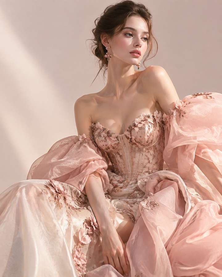 Rose-gold editorial of romantic but structured spring 2027 fashion with soft tailoring