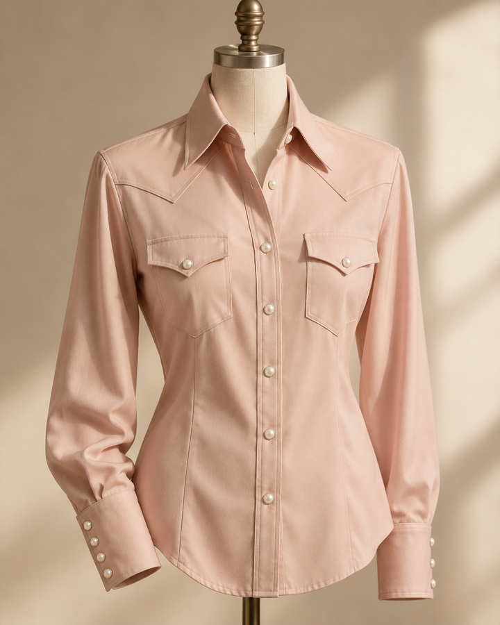 Blush Western shirt with pearl snaps and pointed yoke on a dress form, rose-gold cream tones