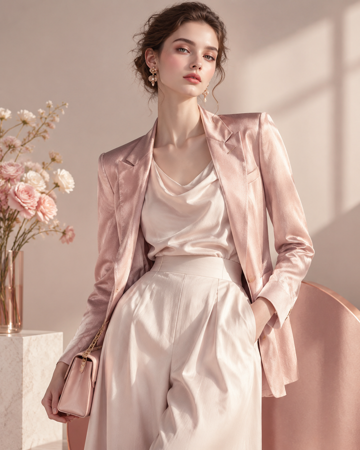 Rose-gold editorial flat lay of terracotta and mauve fabric swatches, Pantone fall palette