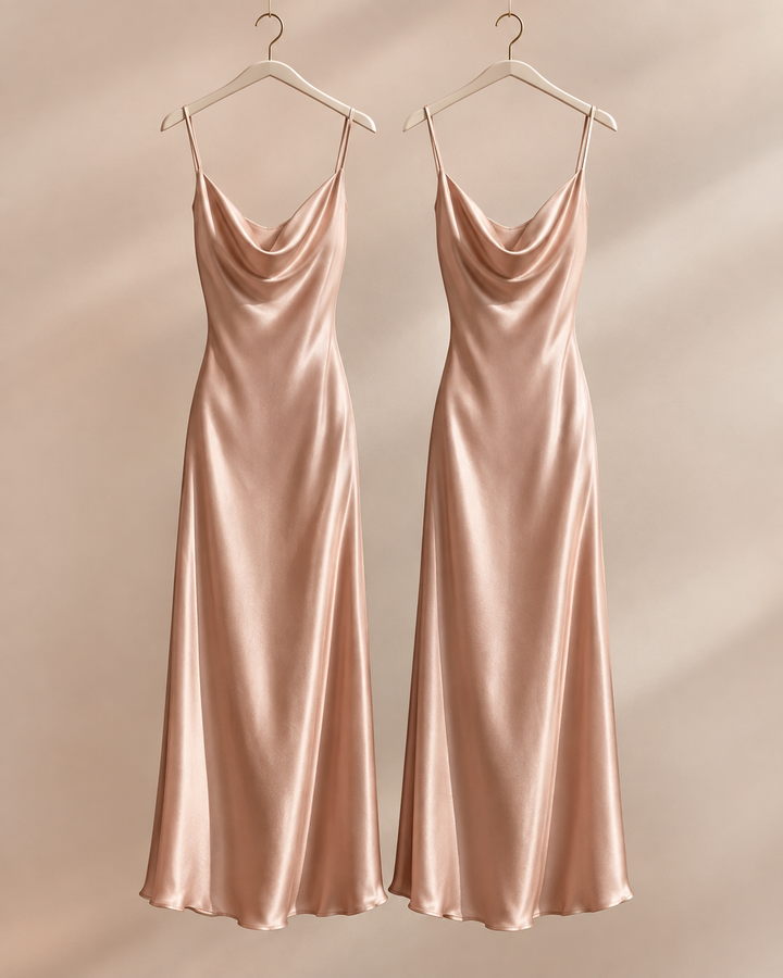 Two identical rose-gold slip dresses on minimal hangers side by side, repeat-purchase concept