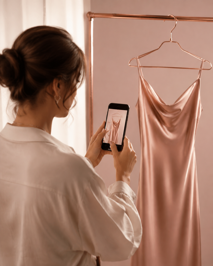 Editorial photo of a woman using visual search on a smartphone to photograph a rose-gold slip dress