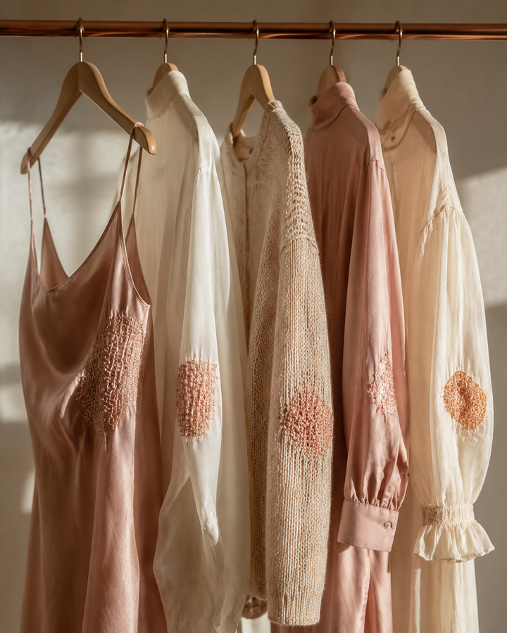 Editorial of a curated rail of a few high-quality timeless women's garments in rose-gold and cream with a visible mending detail, cinematic light, no text, no watermark