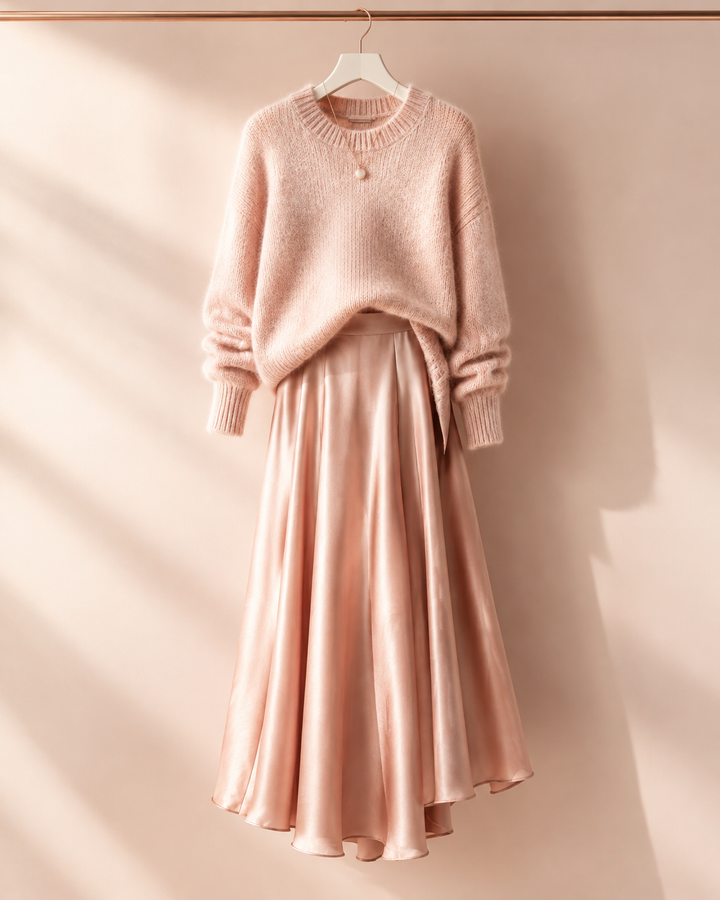 Rose-gold soft editorial of a midi skirt on a minimal hanger styled with a knit, representing PHEFEE's rose-gold midi skirt styling edit