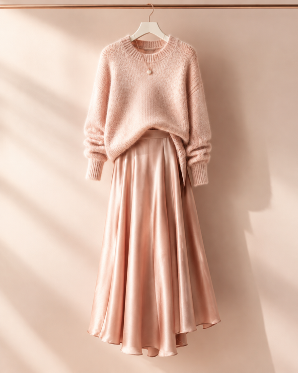 Rose-gold soft editorial of a midi skirt on a minimal hanger styled with a knit, representing PHEFEE's rose-gold midi skirt styling edit