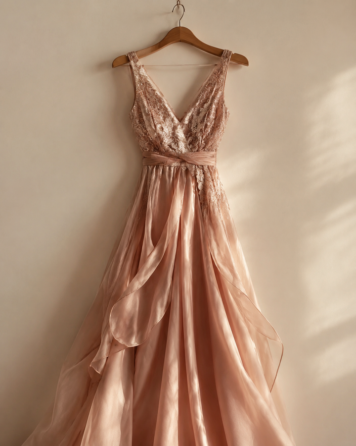 Carefully styled vintage dress on a wooden hanger against a cream wall in soft natural light
