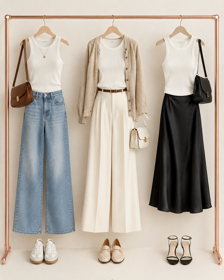 Sleeveless shell top styled three ways on a rose-gold clothing rail, cream background