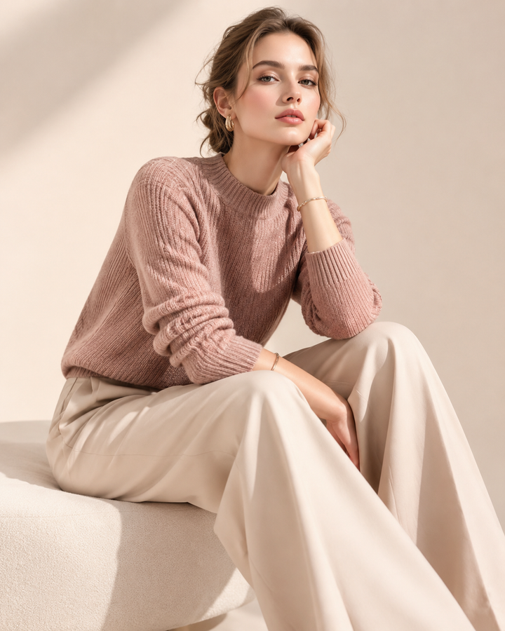 Rose-gold and cream women's fashion editorial, premium knit, soft light