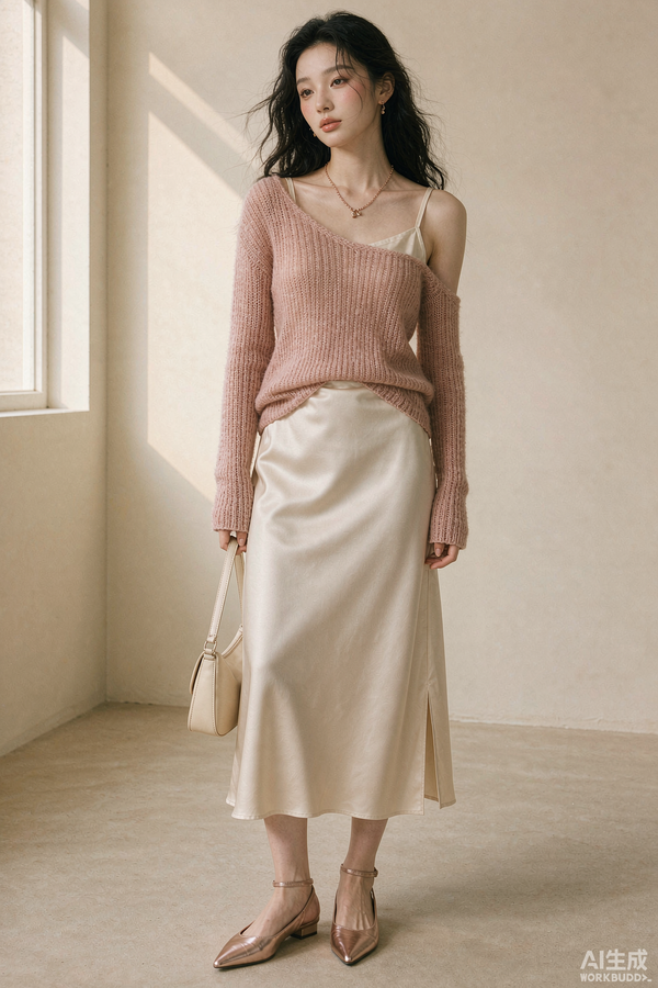 Early fall transitional outfit of a knit top layered under a slip dress in rose-gold cream tones