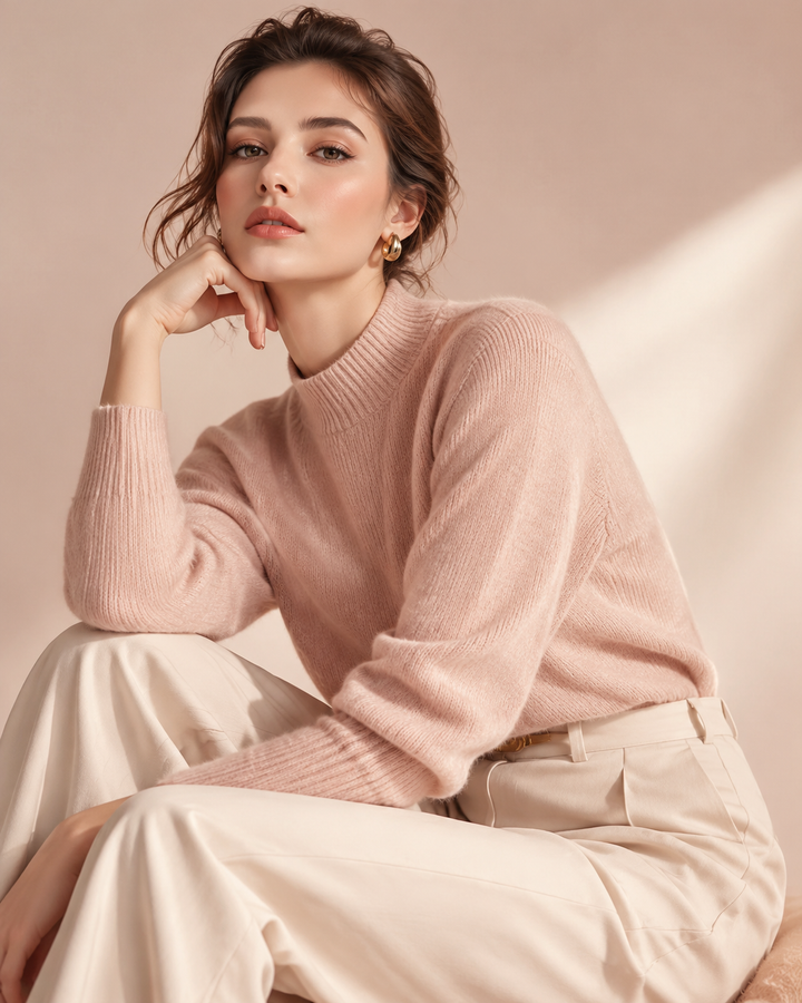 Rose-gold editorial of a woman in a premium coat beside everyday basics, blush and cream tones, clean studio