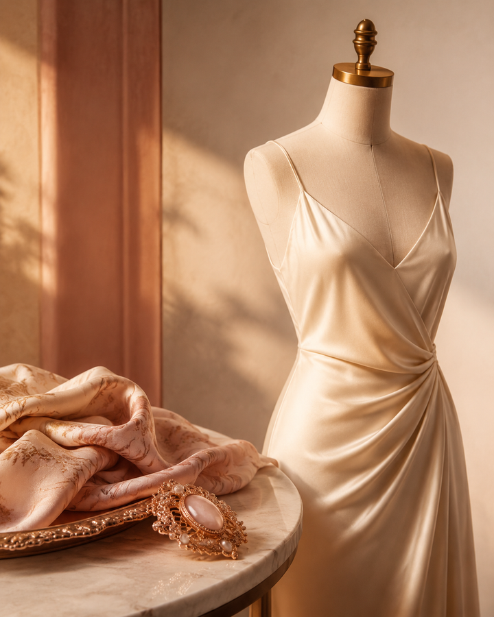 Vintage-inspired rose-gold brooch and silk scarf beside a modern cream slip dress on a dress form