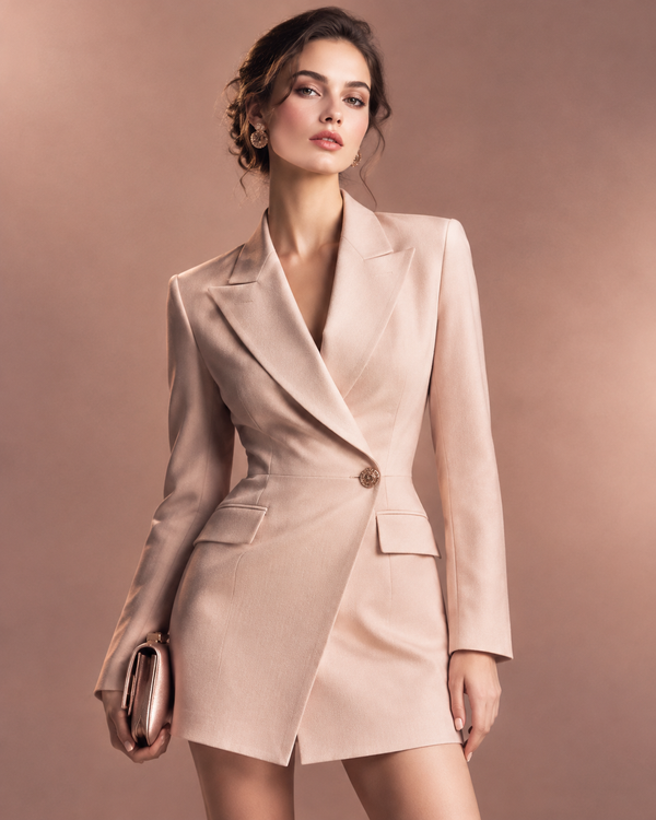 Rose-gold and blush editorial of a structured blazer dress, refined and confident