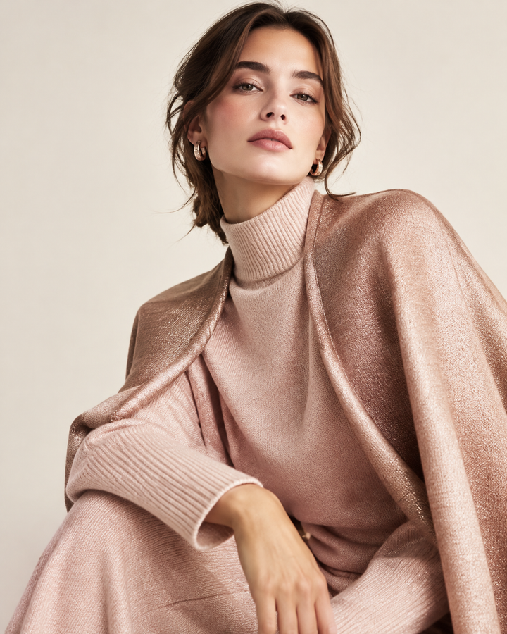 Rose-gold editorial of a woman viewing fashion on a smartphone, blush and cream tones, clean studio, no text