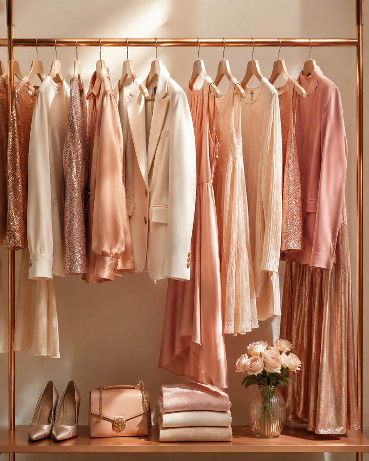 A neatly curated clothing rail of selected women's outfits in rose gold and cream