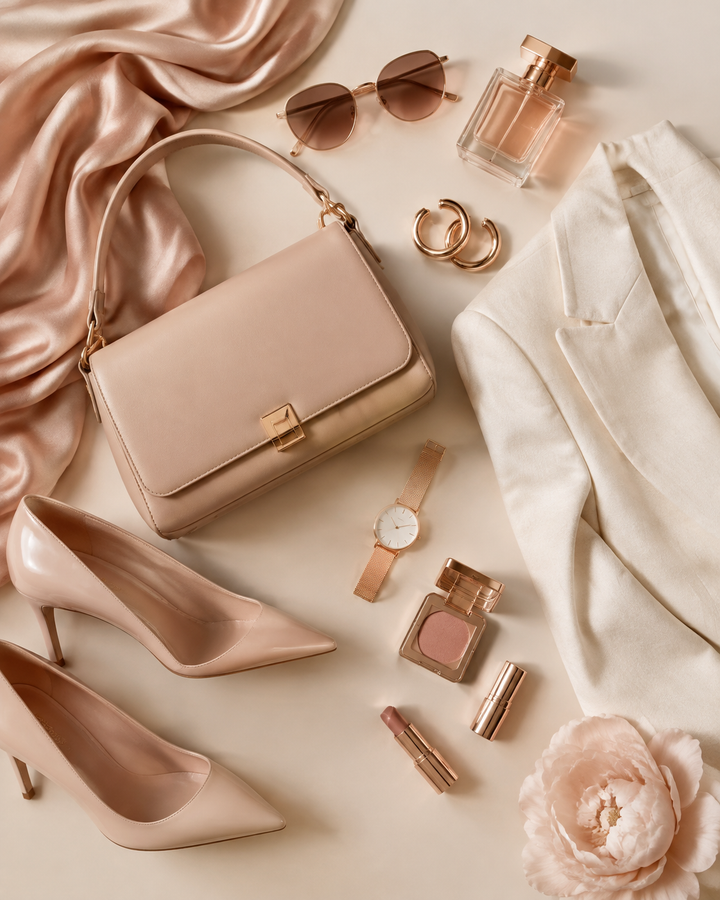 Rose-gold editorial flat-lay of neutral off-price womenswear on a rail