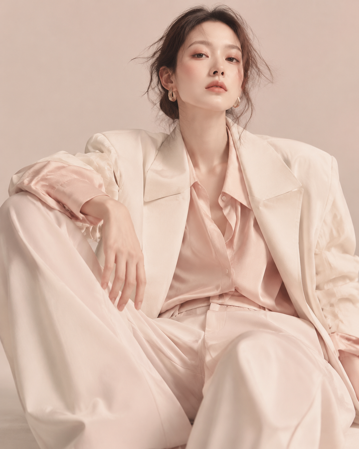 Androgynous fluid fashion editorial in blush and cream tones