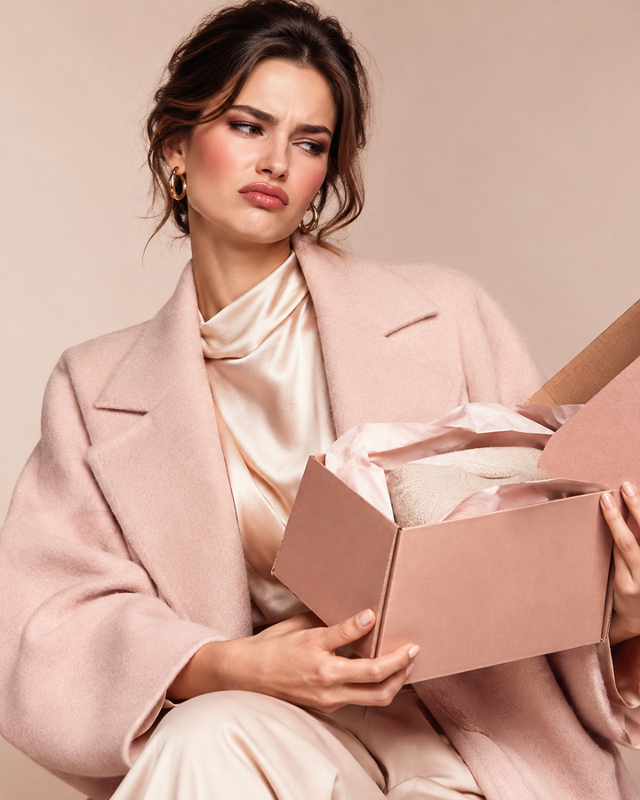 Woman with a returned subscription parcel, rose-gold editorial