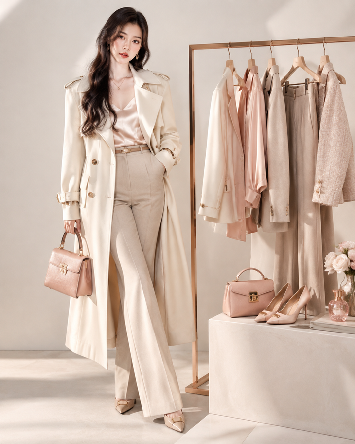 Editorial flat-lay of a refined cream trench and tailored beige separates in rose-gold and blush tones