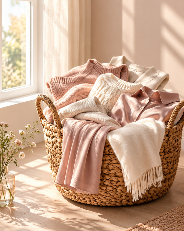 Woven basket of donated clothing by a sunlit window in warm rose gold neutral tones