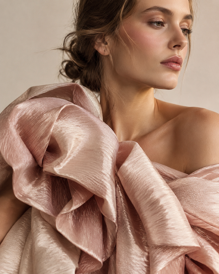 Rose-gold editorial close-up of regenerated recycled fibre representing textile-to-textile recycling