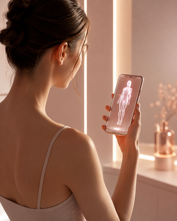 Editorial of a woman viewing a glowing 3D hologram of her body silhouette on a smartphone, rose-gold and cream tones, cinematic light, no text, no watermark