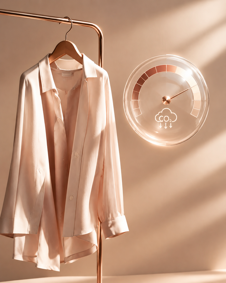 Rose-gold warm editorial of a garment on a hanger beside a floating translucent carbon-emissions gauge meter, representing fashion carbon footprint accounting