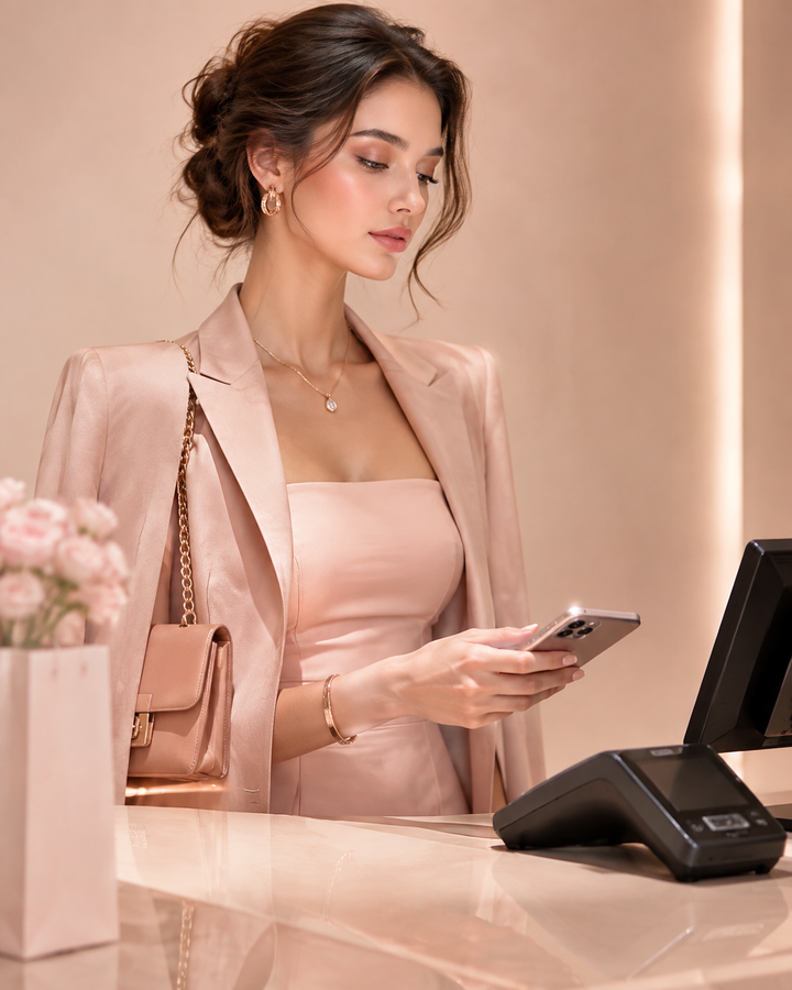 Woman shopping with a smartphone at checkout, rose-gold blush cream fashion editorial