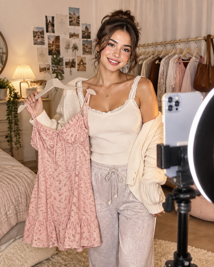 Micro-influencer filming a try-on in a cozy home studio, warm cream light