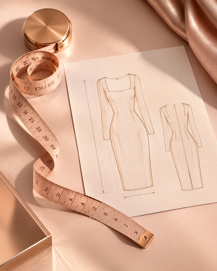 A tape measure and a women's garment flat sketch with inch markings, rose-gold studio