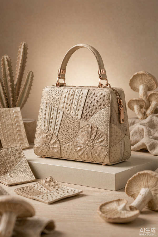 Editorial arrangement of plant-based leather swatches formed into a handbag, warm beige and rose-gold tones